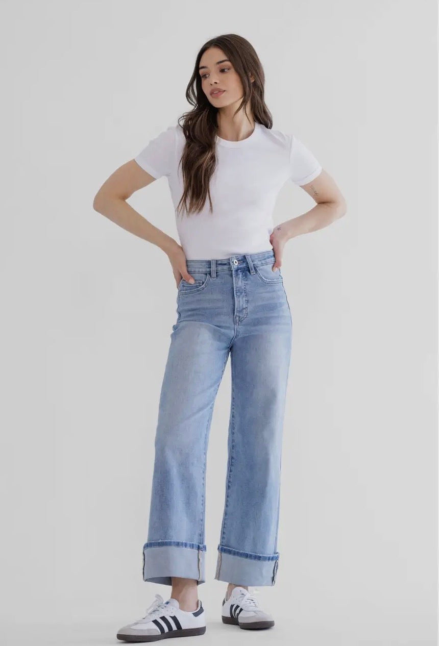 High Rise Wide Leg Cuffed Denim