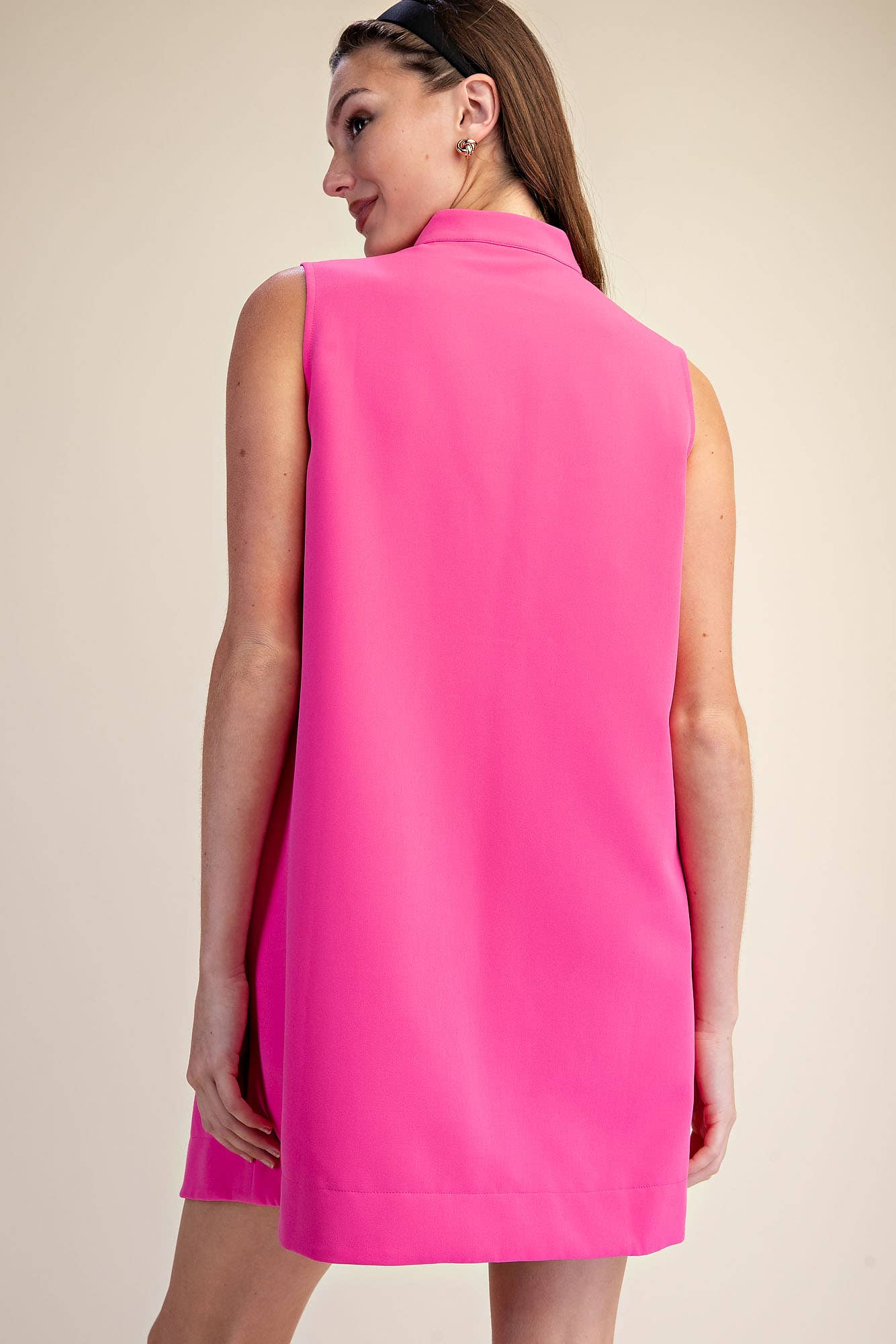 Stand Collar Slit V-Neck Sleeveless Dress (June Pre-Order)