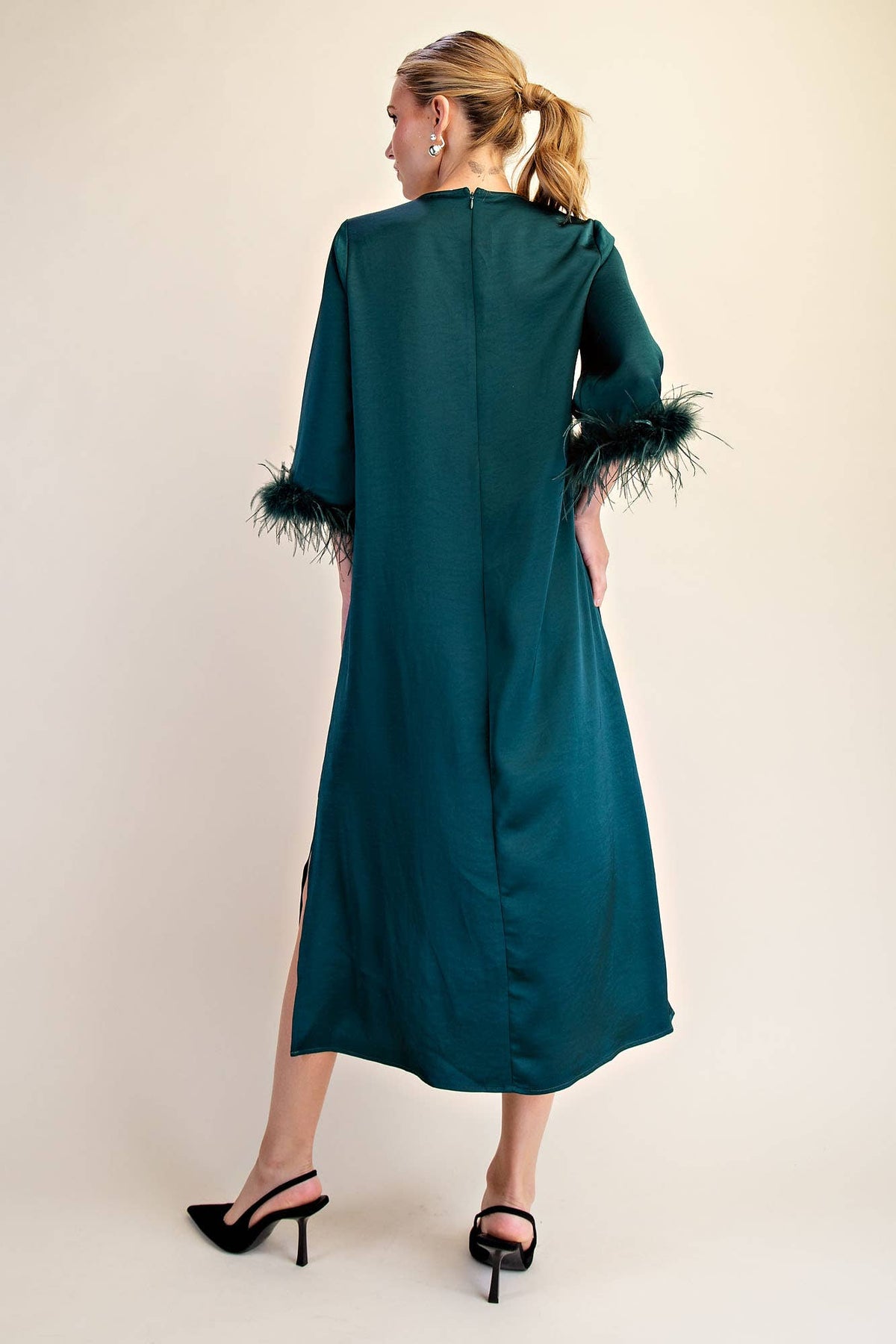 Feather Trim Evening Midi Dress
