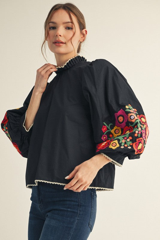 Embroidered Floral Sleeve Top