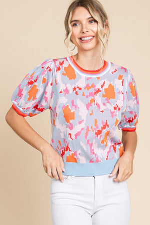 Printed Bubble Sleeve Sweater