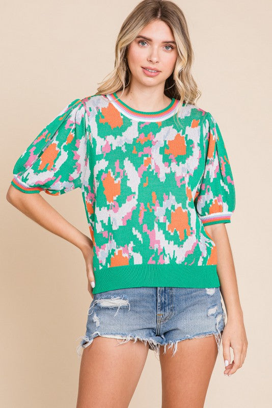 Printed Bubble Sleeve Sweater