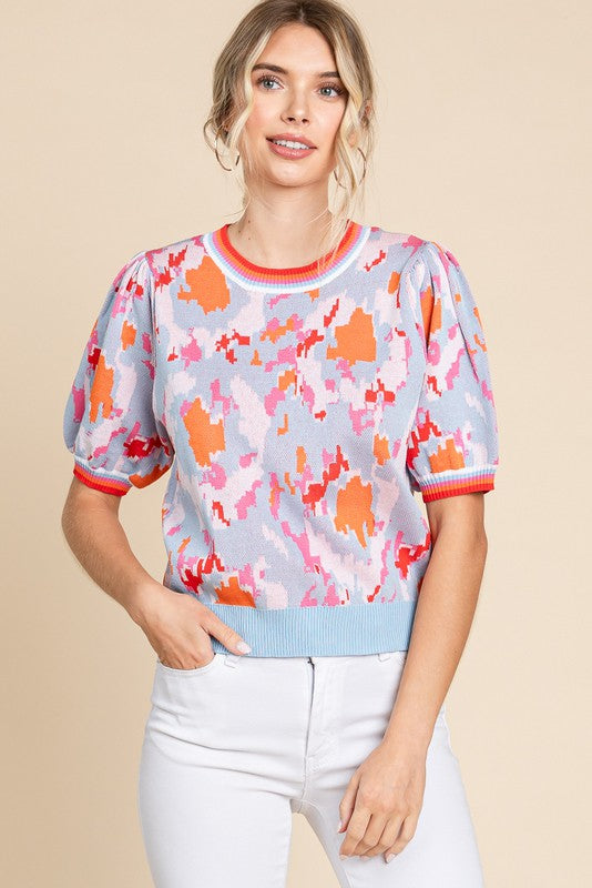 Printed Bubble Sleeve Sweater