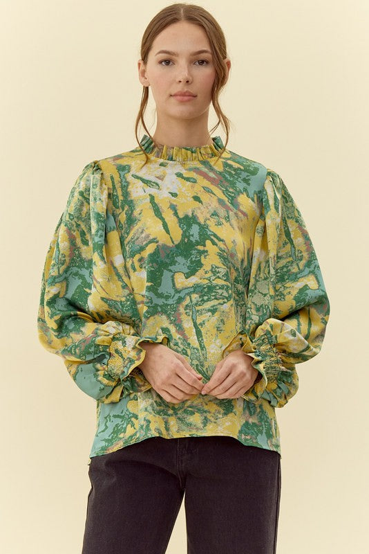 Abstract Print Frill Neck Top