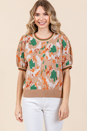 Printed Bubble Sleeve Sweater