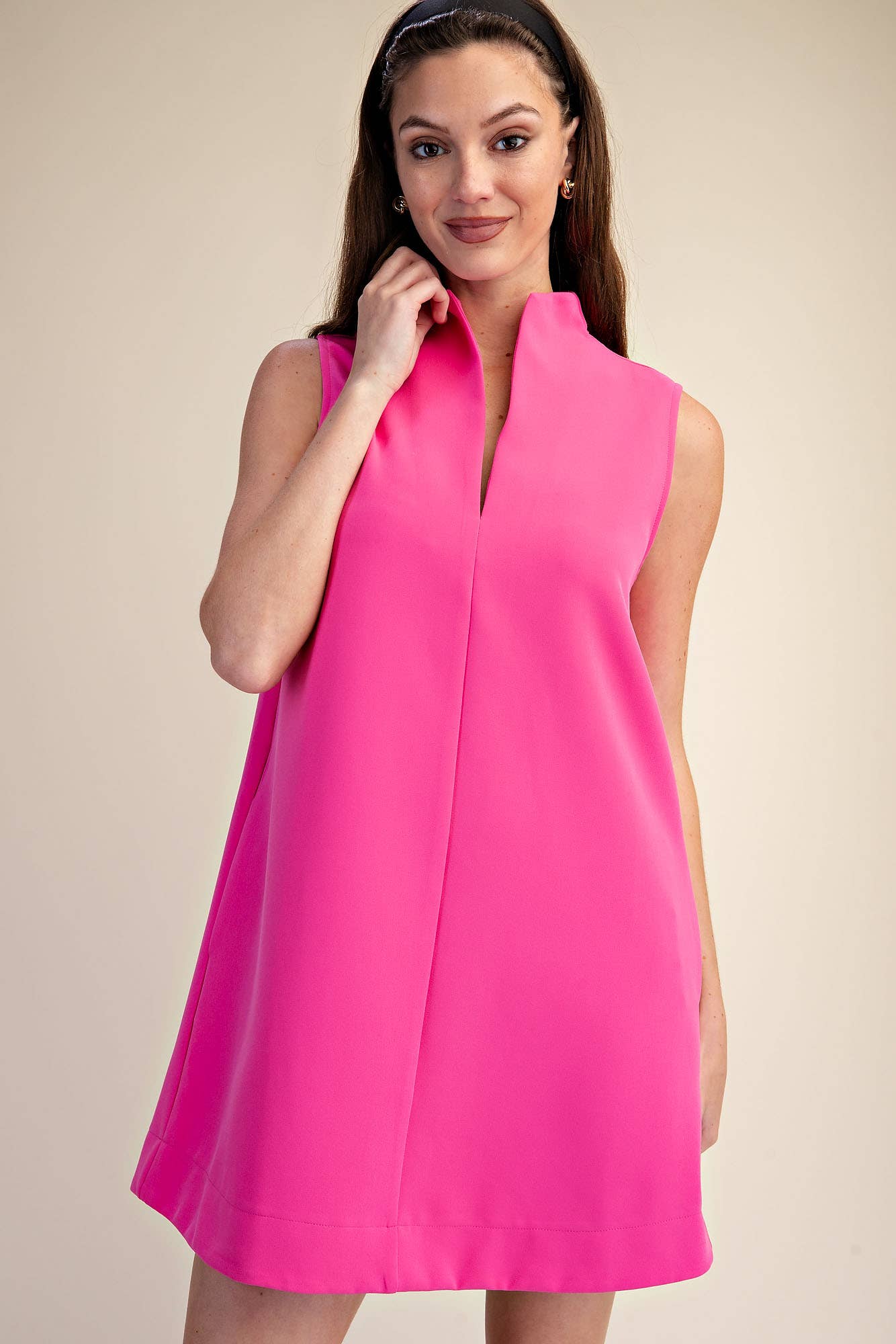 Stand Collar Slit V-Neck Sleeveless Dress (June Pre-Order)
