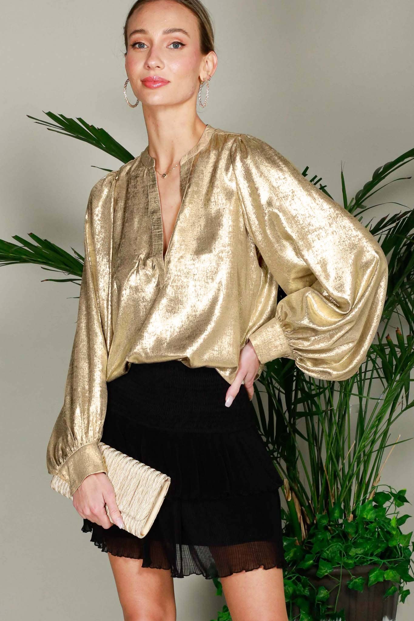 Balloon Sleeve Metallic Blouse