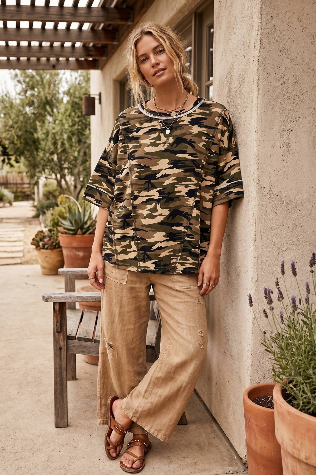 Relaxed Camo Stitch Detail Top