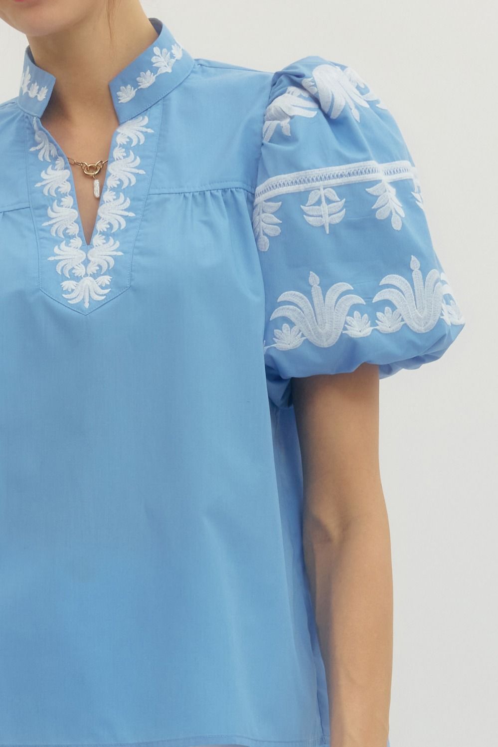 Embroidered Bubble Sleeve Top