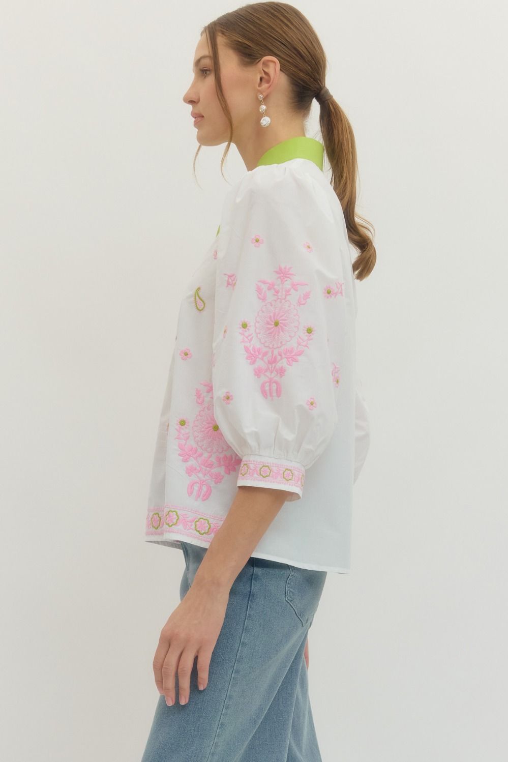 Floral Embroidered 3/4 Sleeve Top