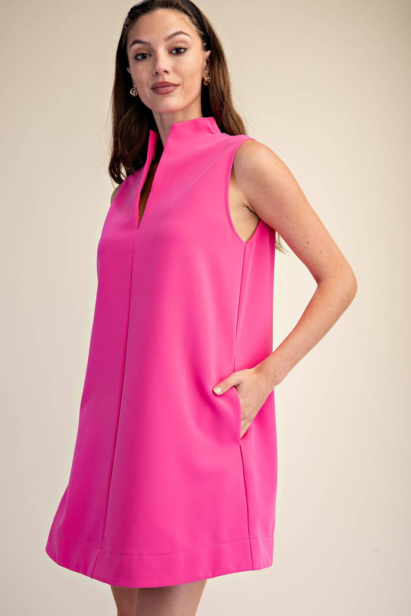 Stand Collar Slit V-Neck Sleeveless Dress (June Pre-Order)