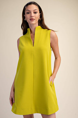 Stand Collar Slit V-Neck Sleeveless Dress (June Pre-Order)