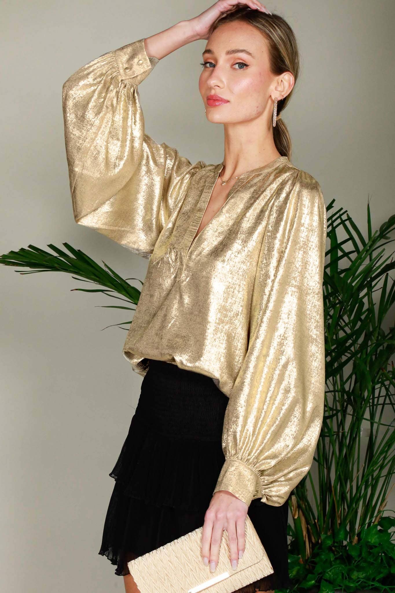 Balloon Sleeve Metallic Blouse