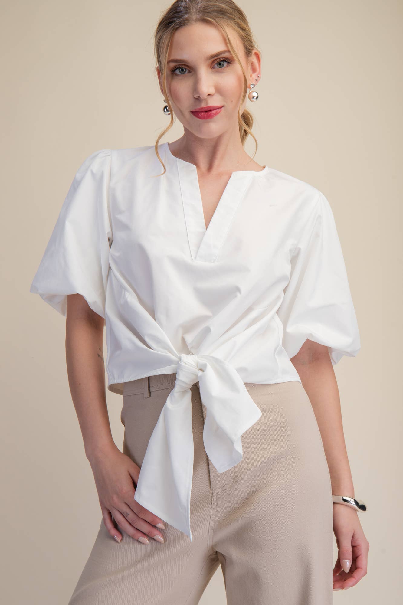 Tie-Front Blouse Puff Sleeve