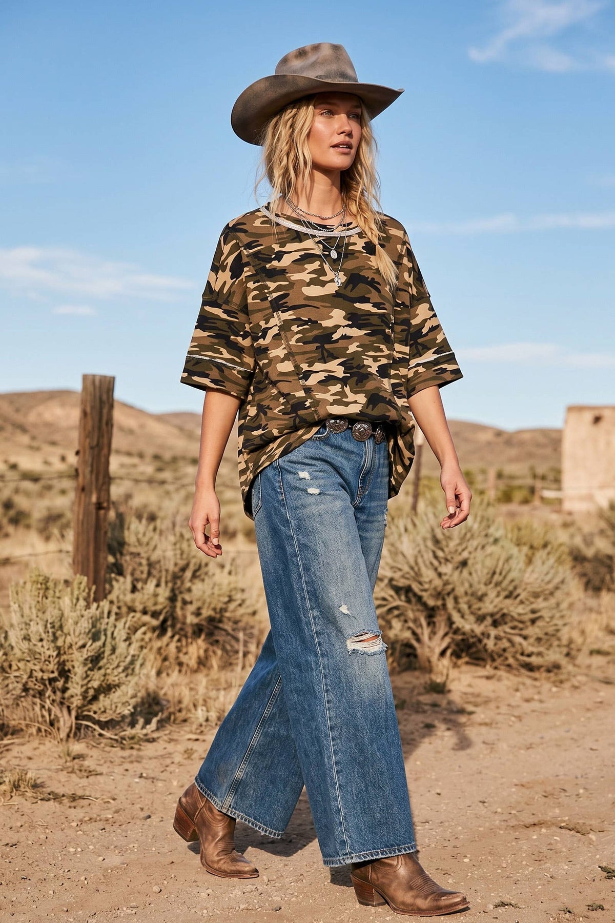 Relaxed Camo Stitch Detail Top