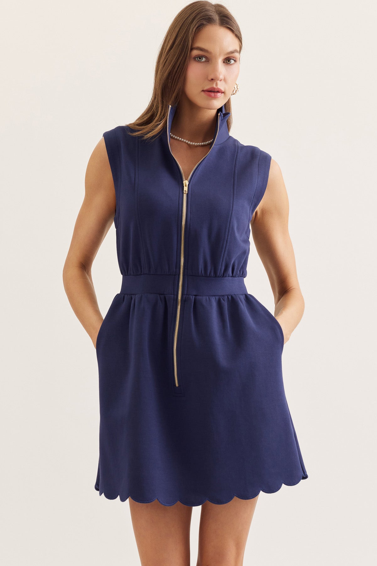 Scalloped Zip Up Mini Dress