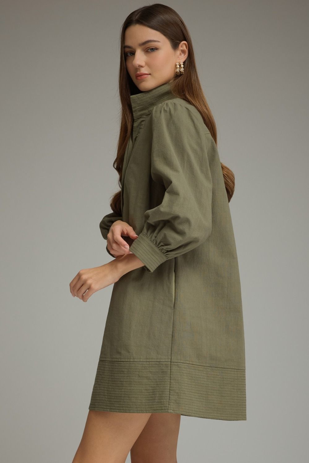Stand Collar Balloon Sleeve Mini Dress