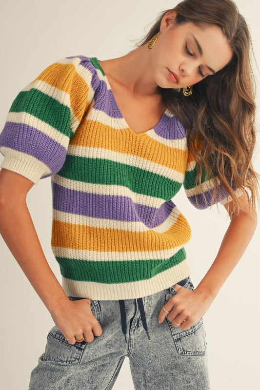 Puff Sleeve Stripe Mardi Gras Knit
