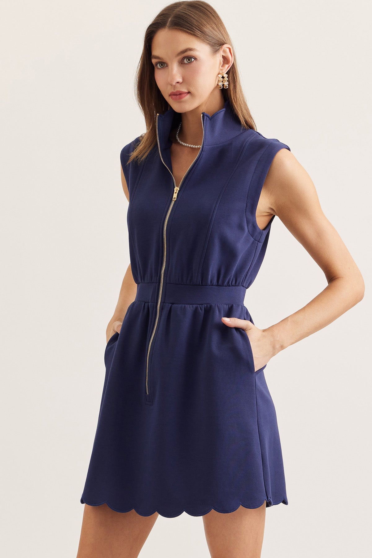 Scalloped Zip Up Mini Dress