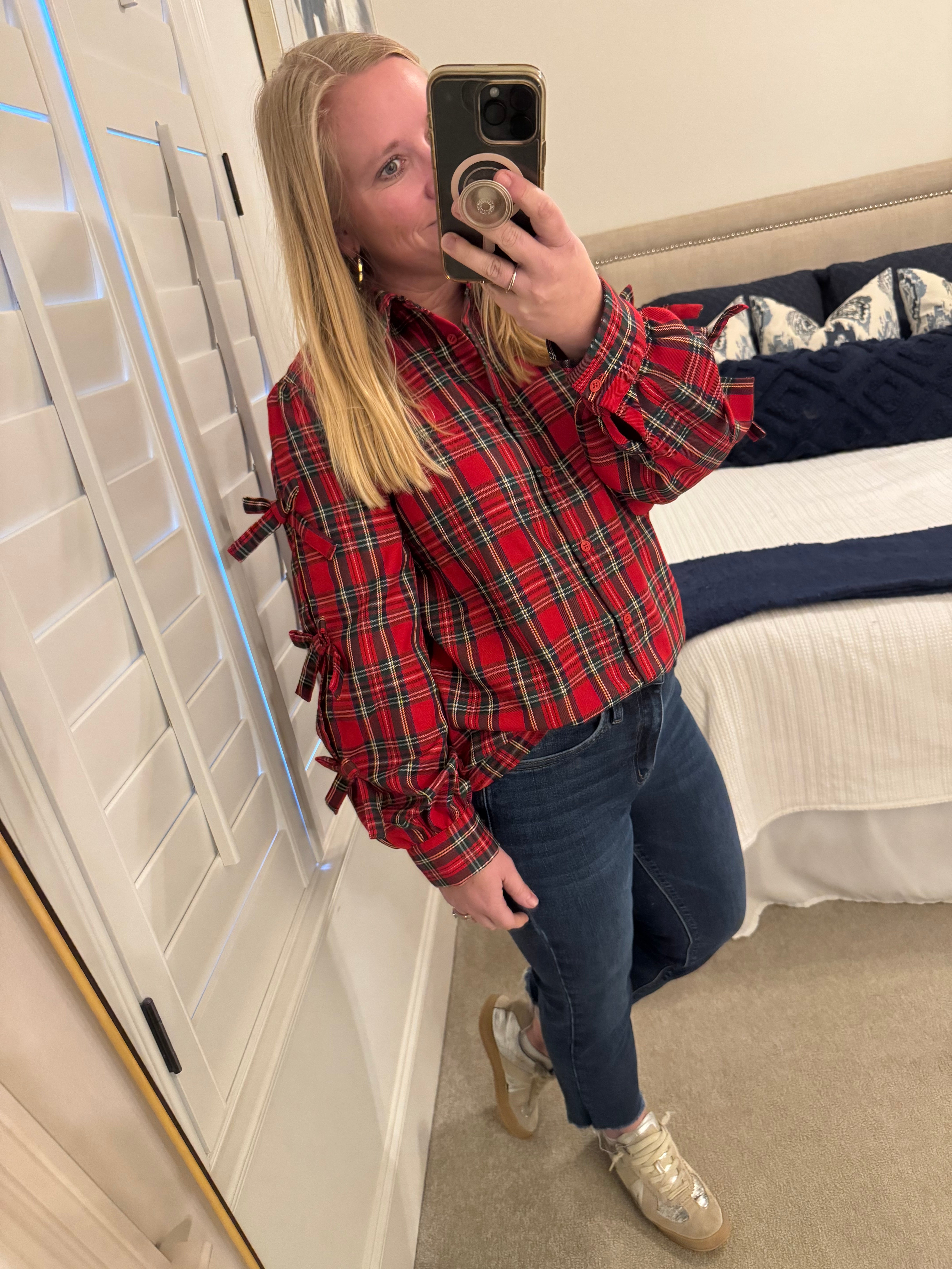 Bow Accent Plaid Blouse