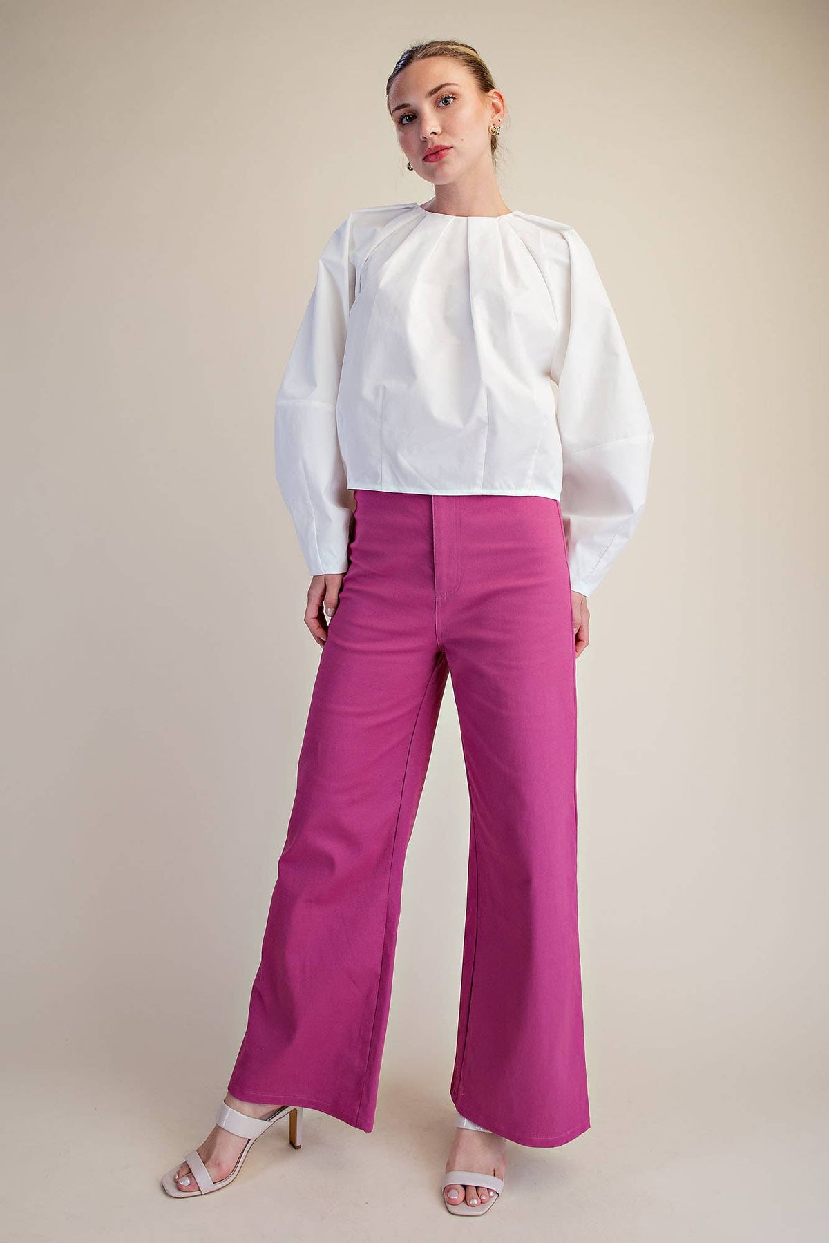 Balloon Poplin Shirt With Round Pleated Neck