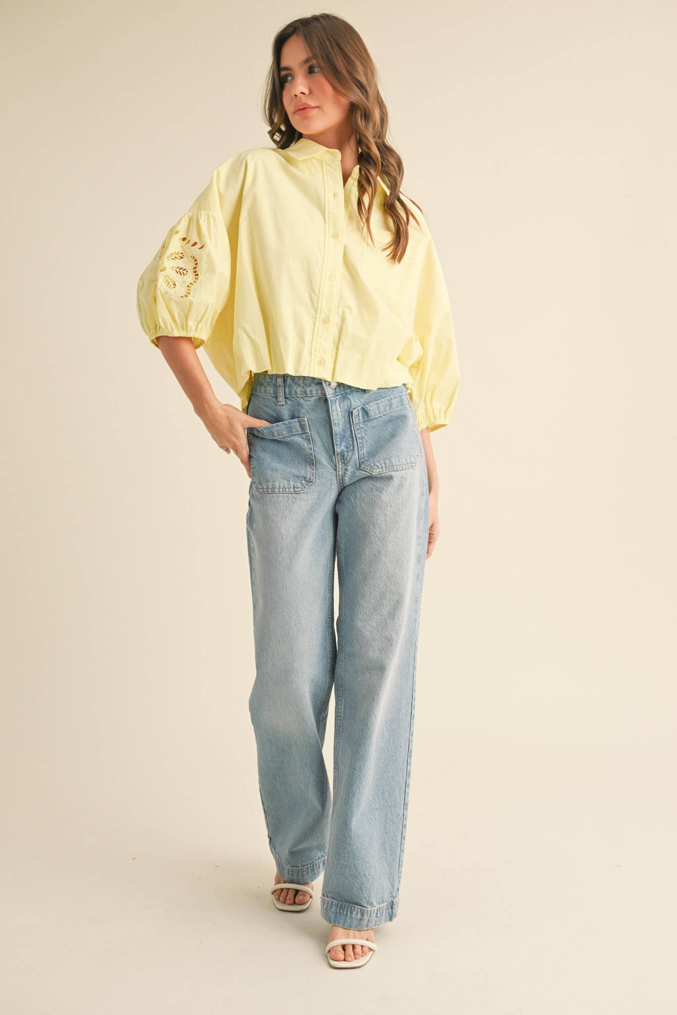 Embroidered Bubble Sleeve Top