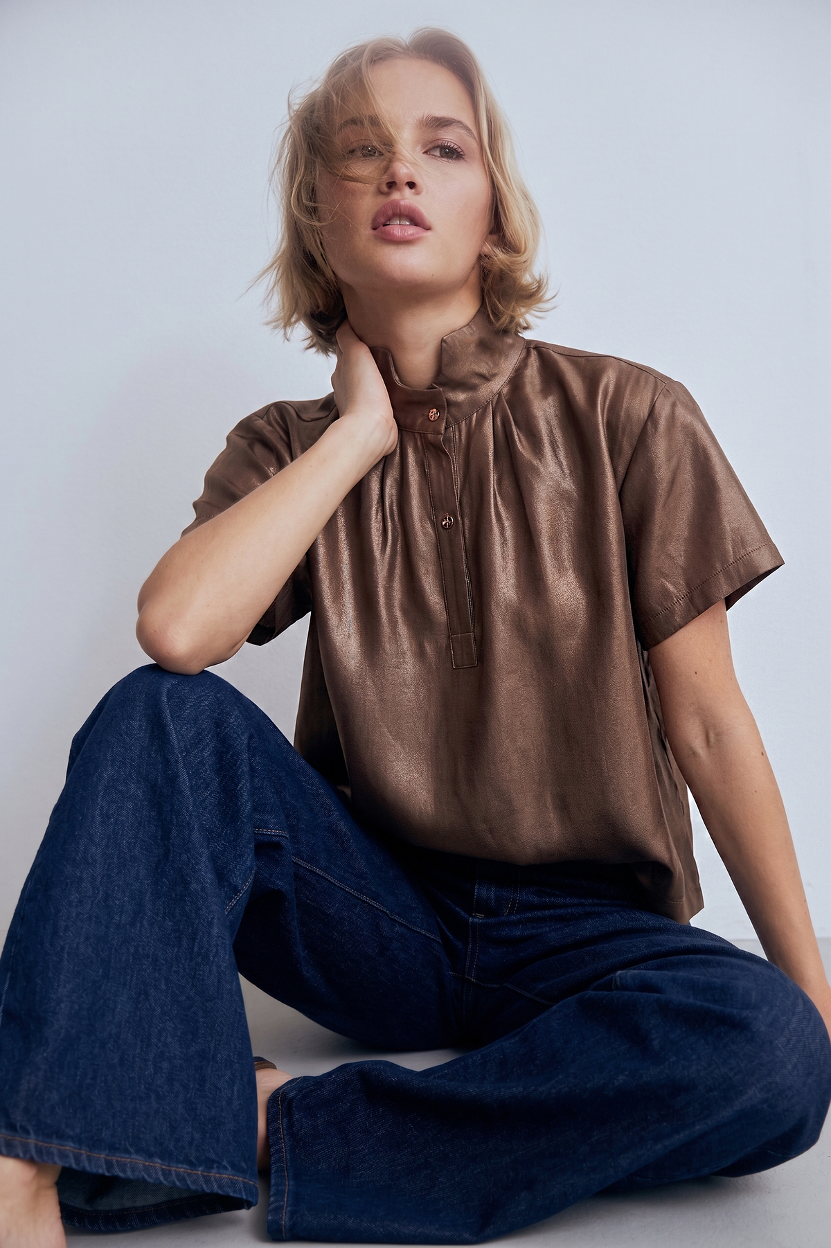Stand Collar Button Placket Glossy Shirt