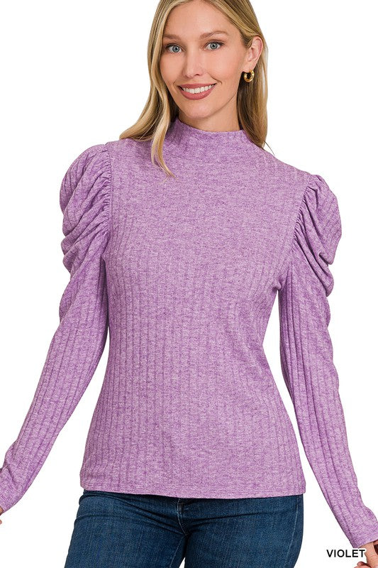 Ribbed Puff Sleeve Long Sleeve Top