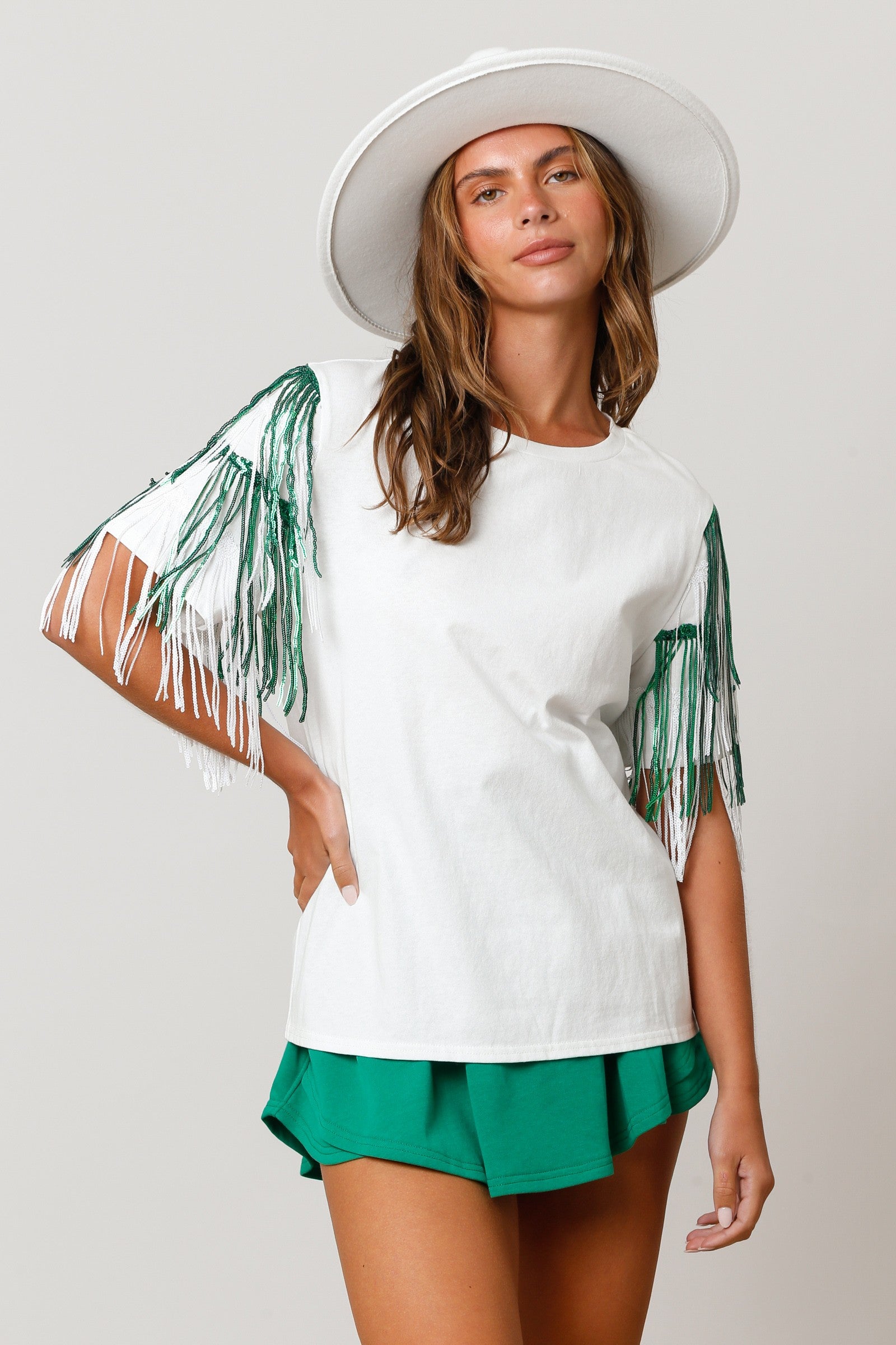 Green and White Fringe Tee