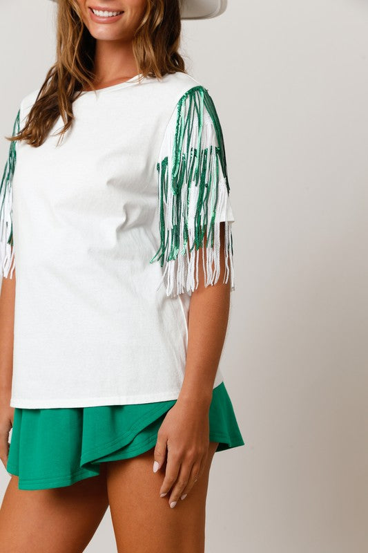 Green and White Fringe Tee