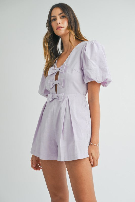 Puff Sleeve Triple Bow Romper