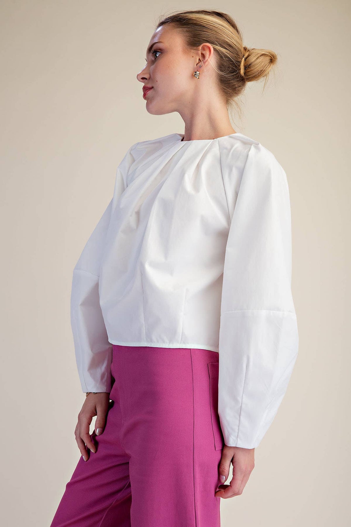 Balloon Poplin Shirt With Round Pleated Neck