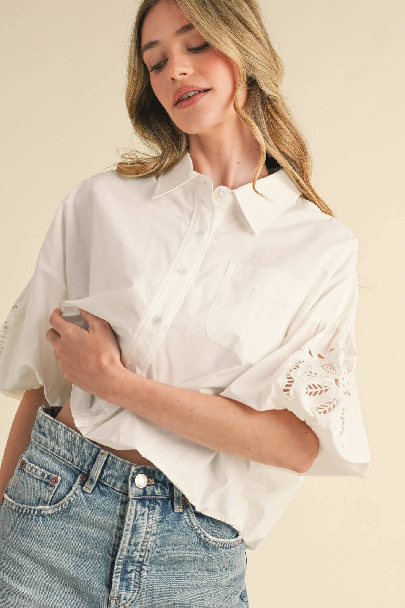 Embroidered Bubble Sleeve Top