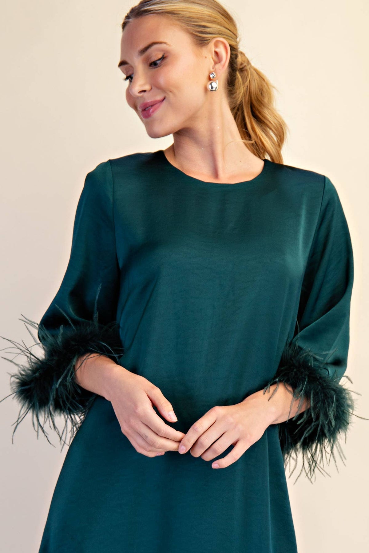 Feather Trim Evening Midi Dress