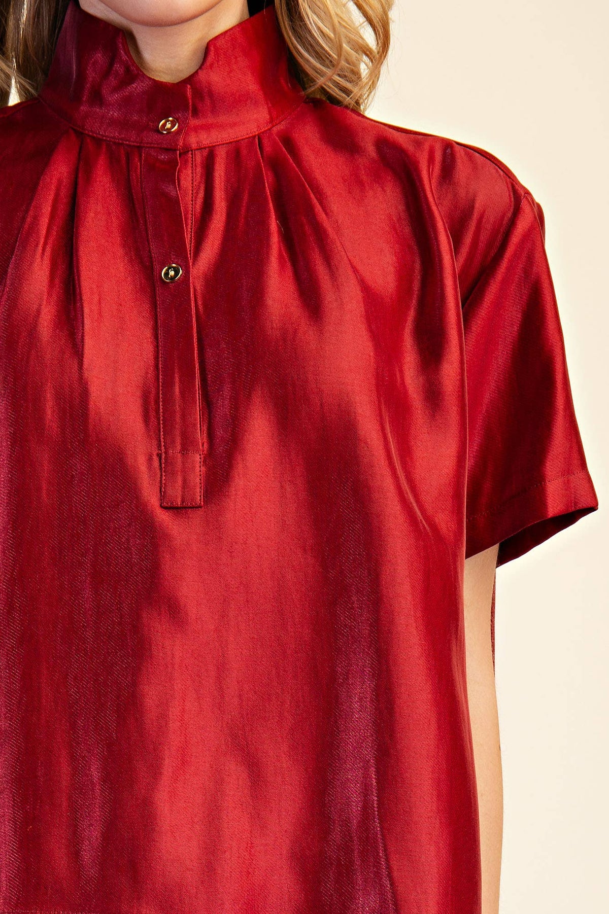 Stand Collar Button Placket Glossy Shirt