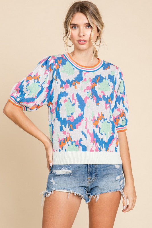 Printed Bubble Sleeve Sweater