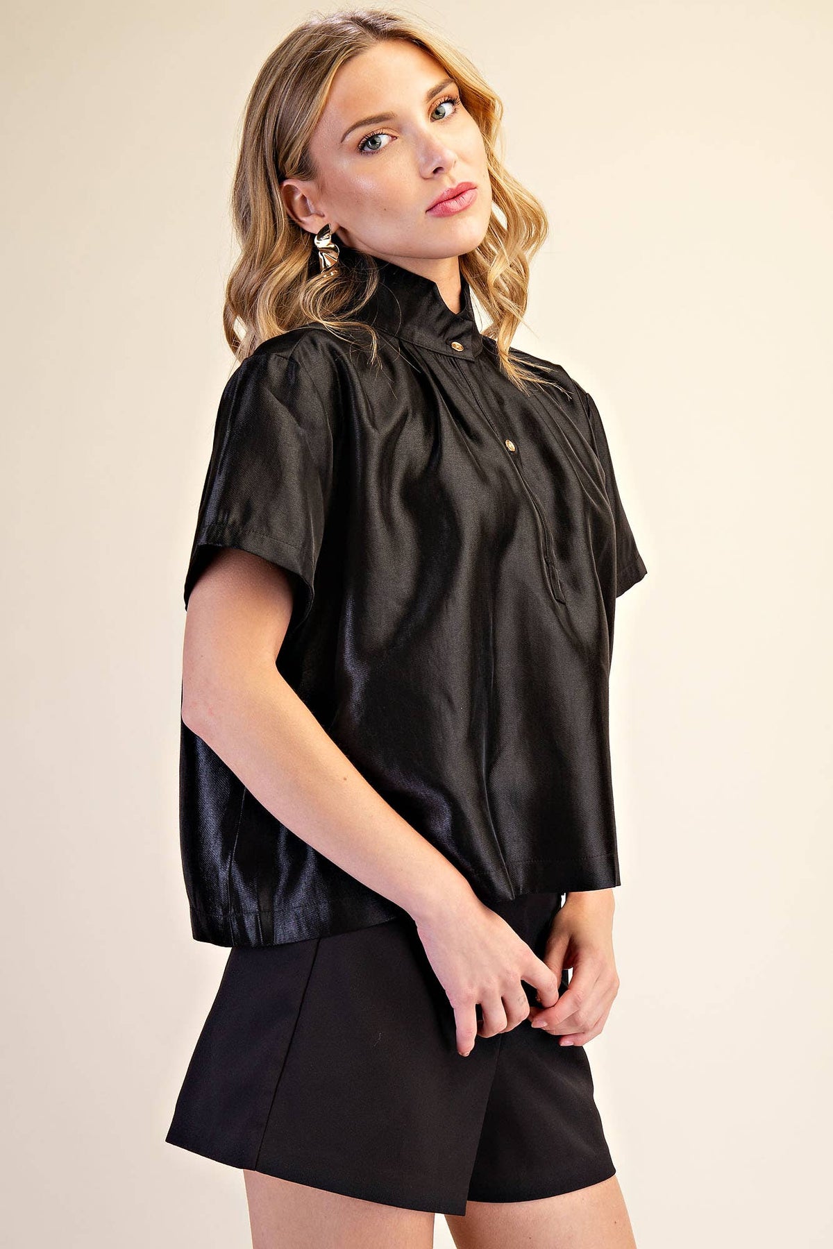 Stand Collar Button Placket Glossy Shirt