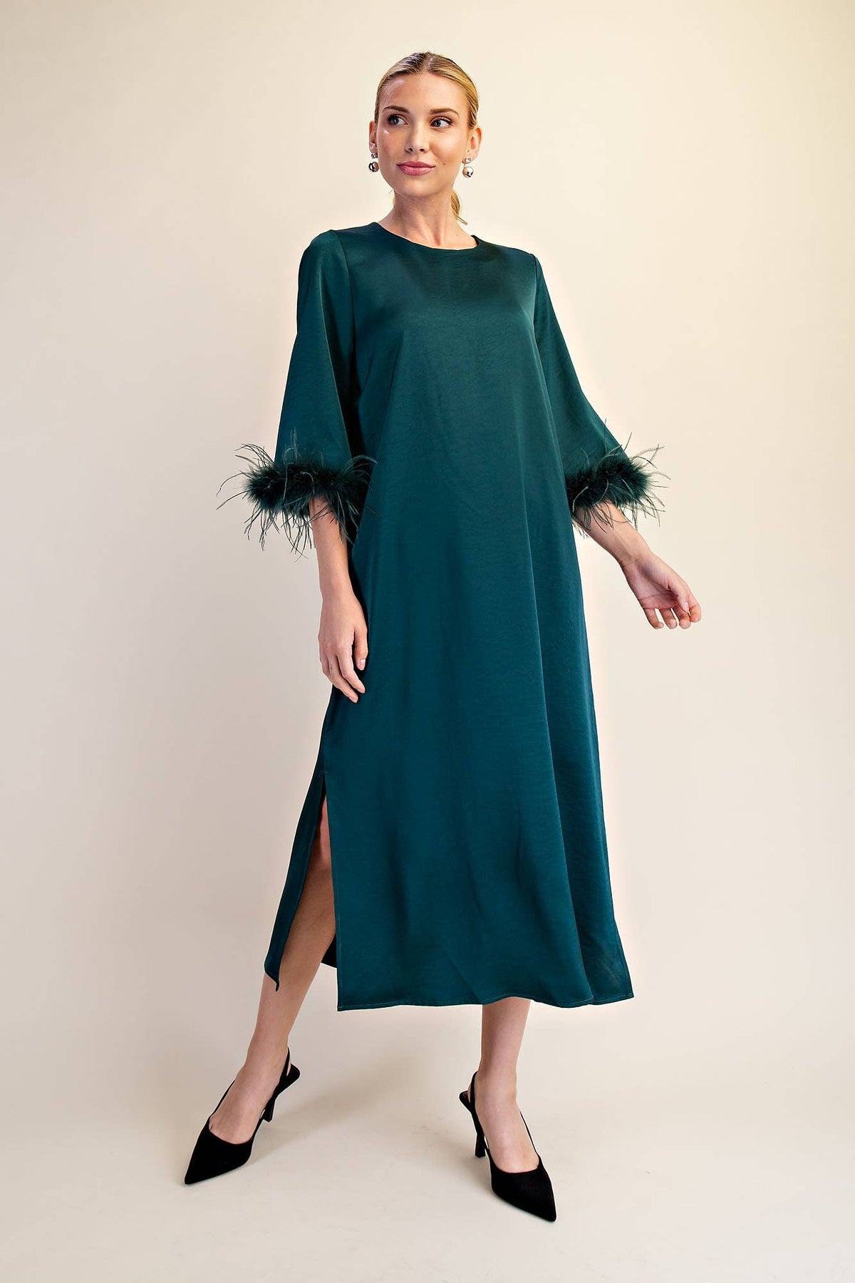 Feather Trim Evening Midi Dress