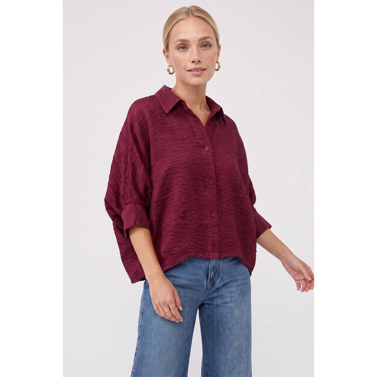Textured Satin Dolman Short Sleeve Blouse