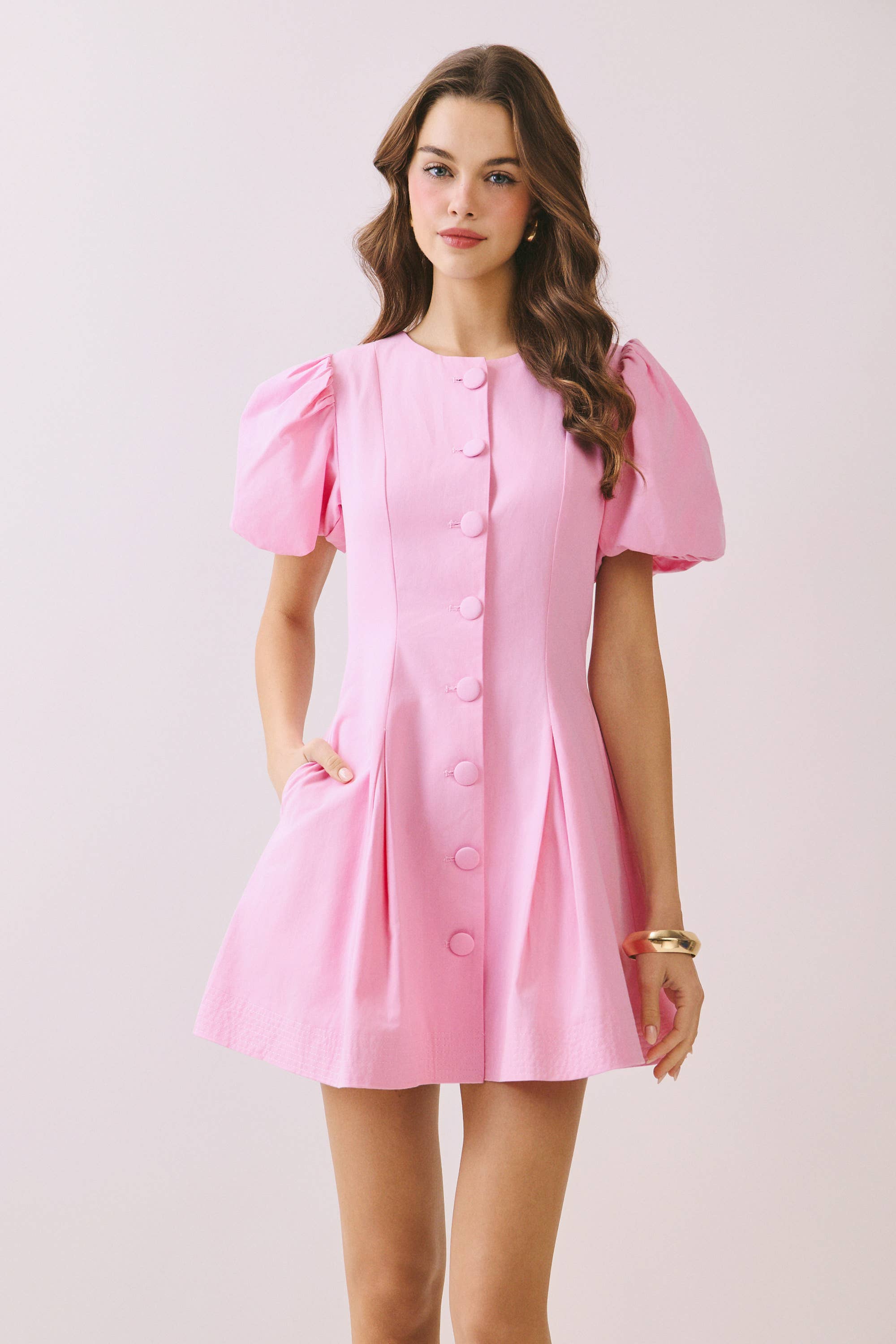 Puff Sleeves Covered Button Down Dress