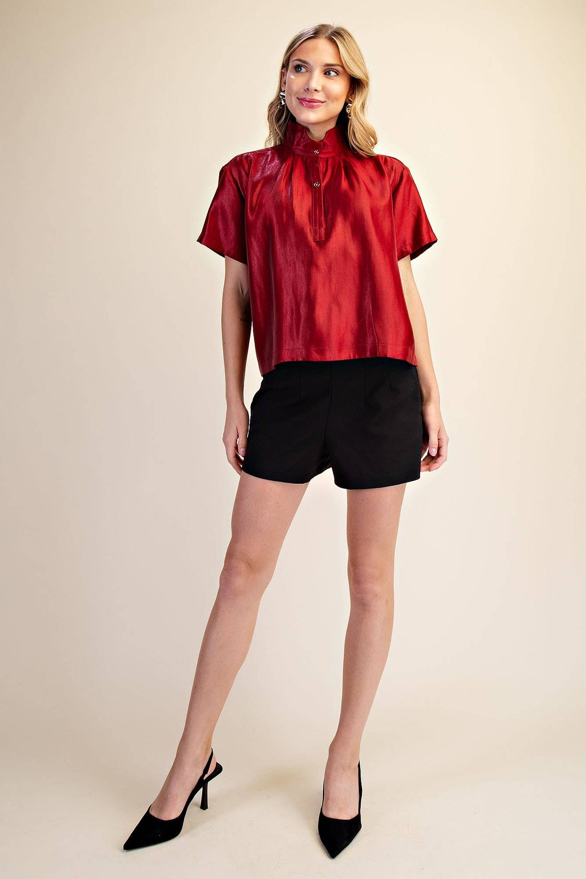 Stand Collar Button Placket Glossy Shirt
