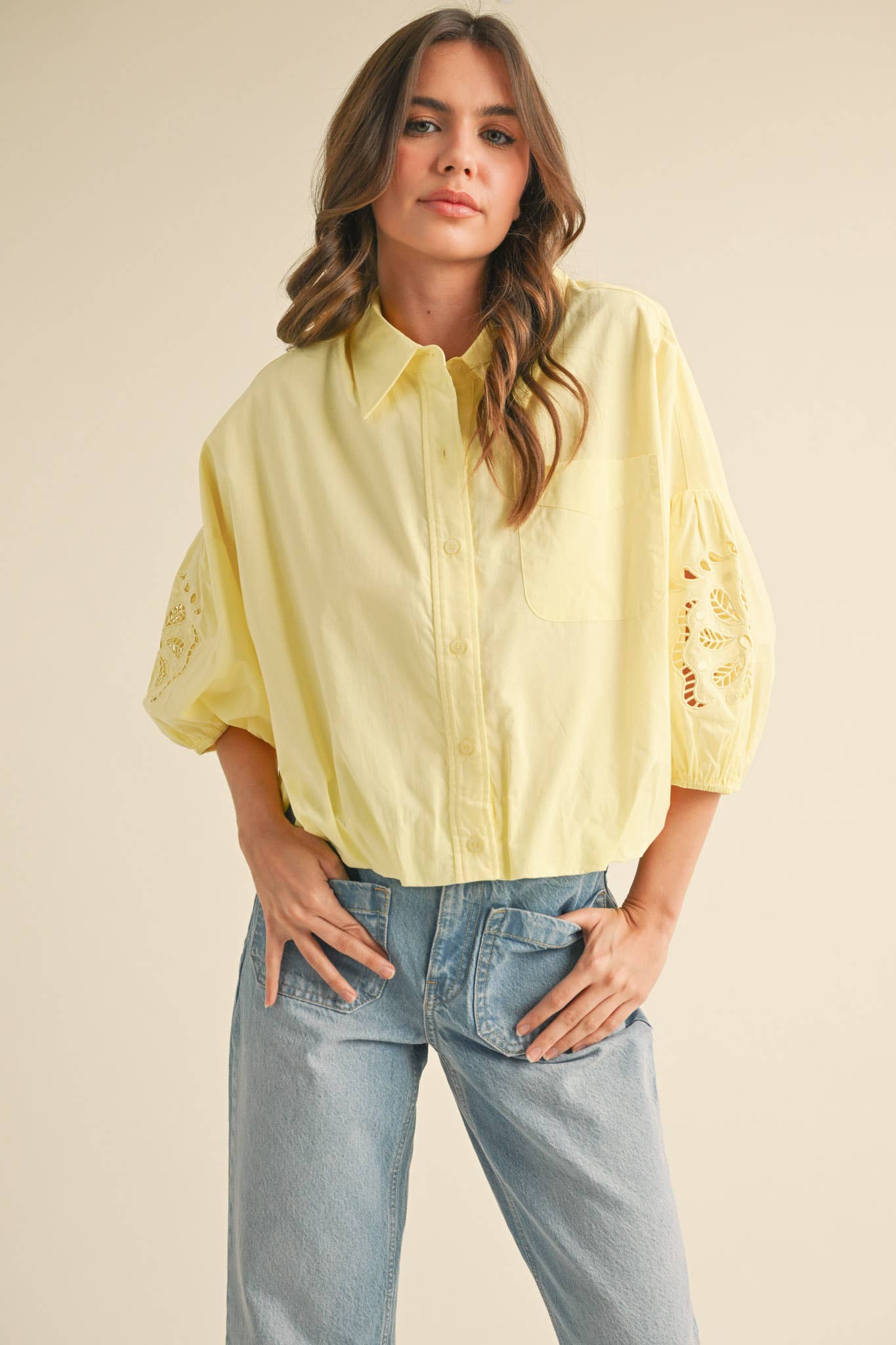 Embroidered Bubble Sleeve Top