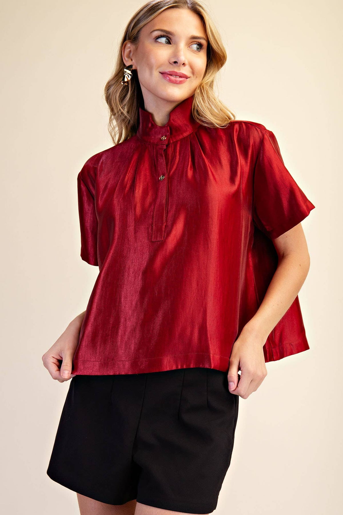Stand Collar Button Placket Glossy Shirt