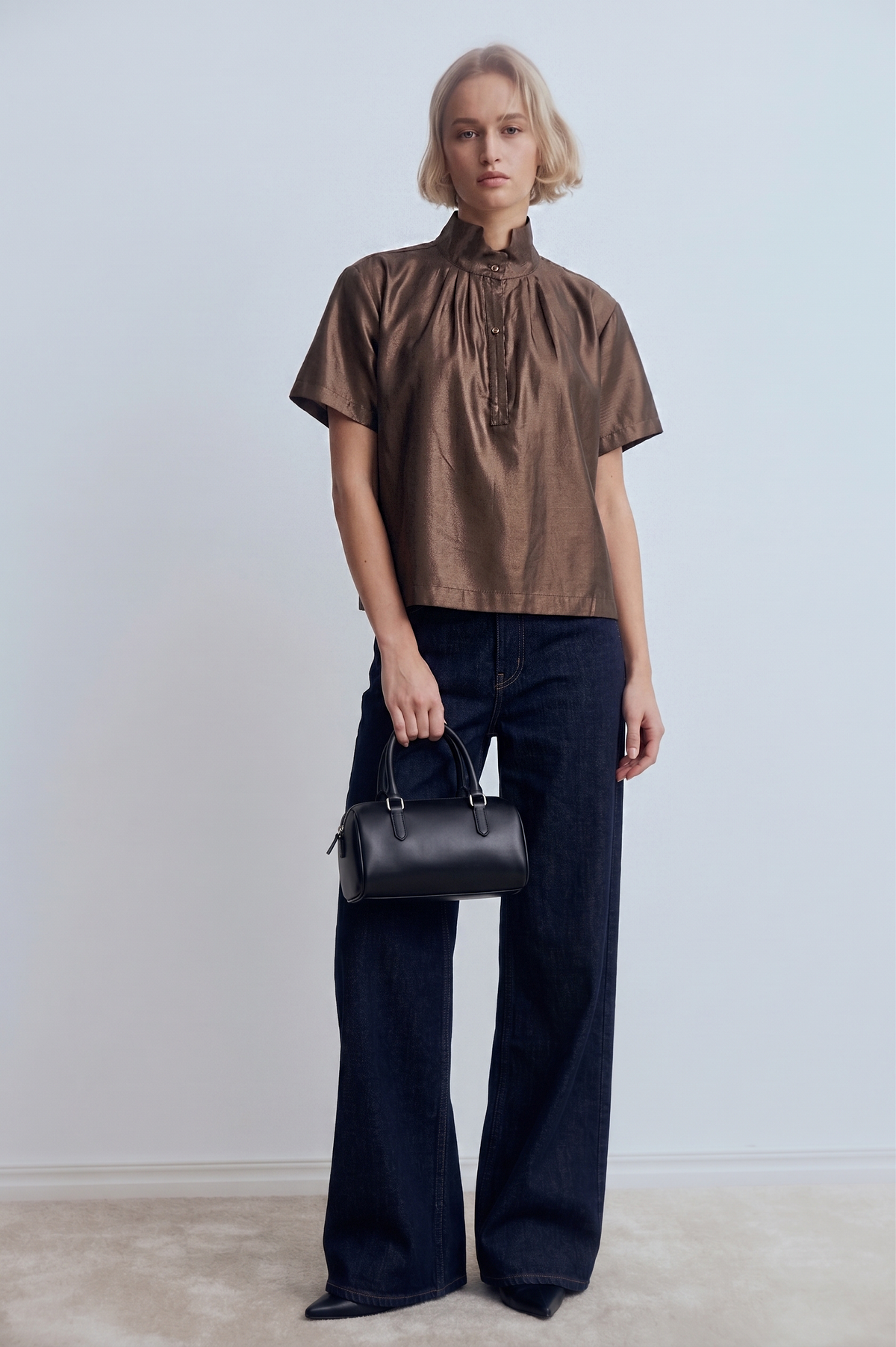 Stand Collar Button Placket Glossy Shirt