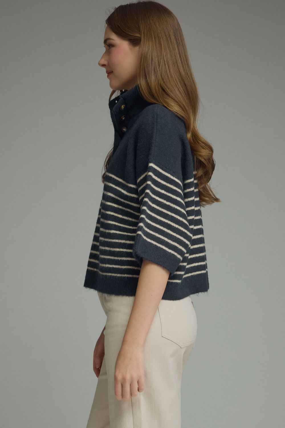 Stripe Button Detail Knit Top