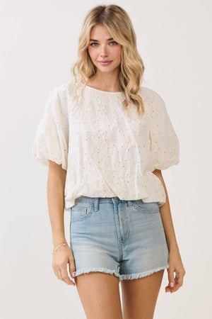Embroidered Eyelet Bubble Sleeves Blouse