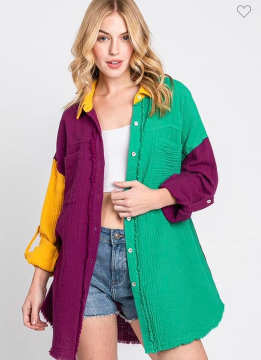 Colorblock Mardi Gras Button Up