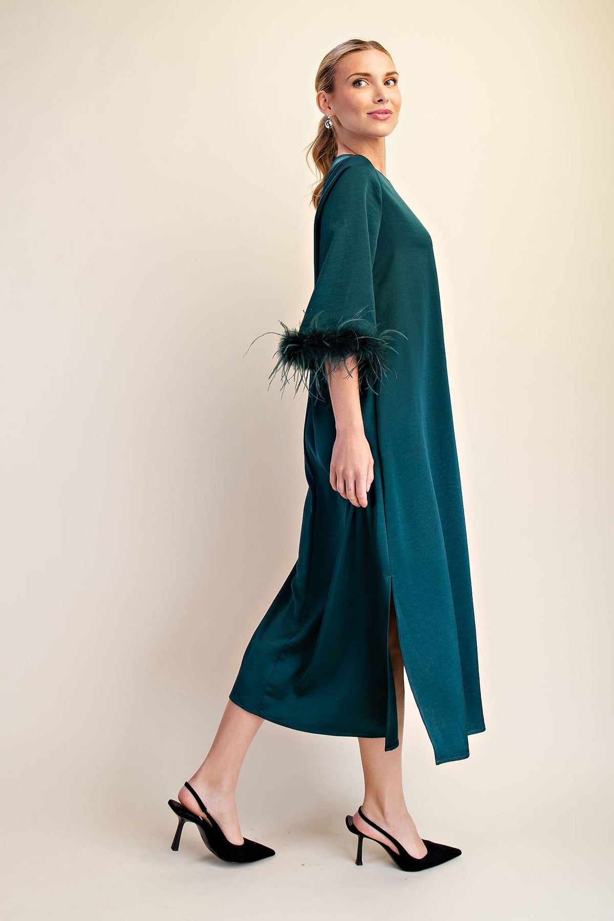 Feather Trim Evening Midi Dress