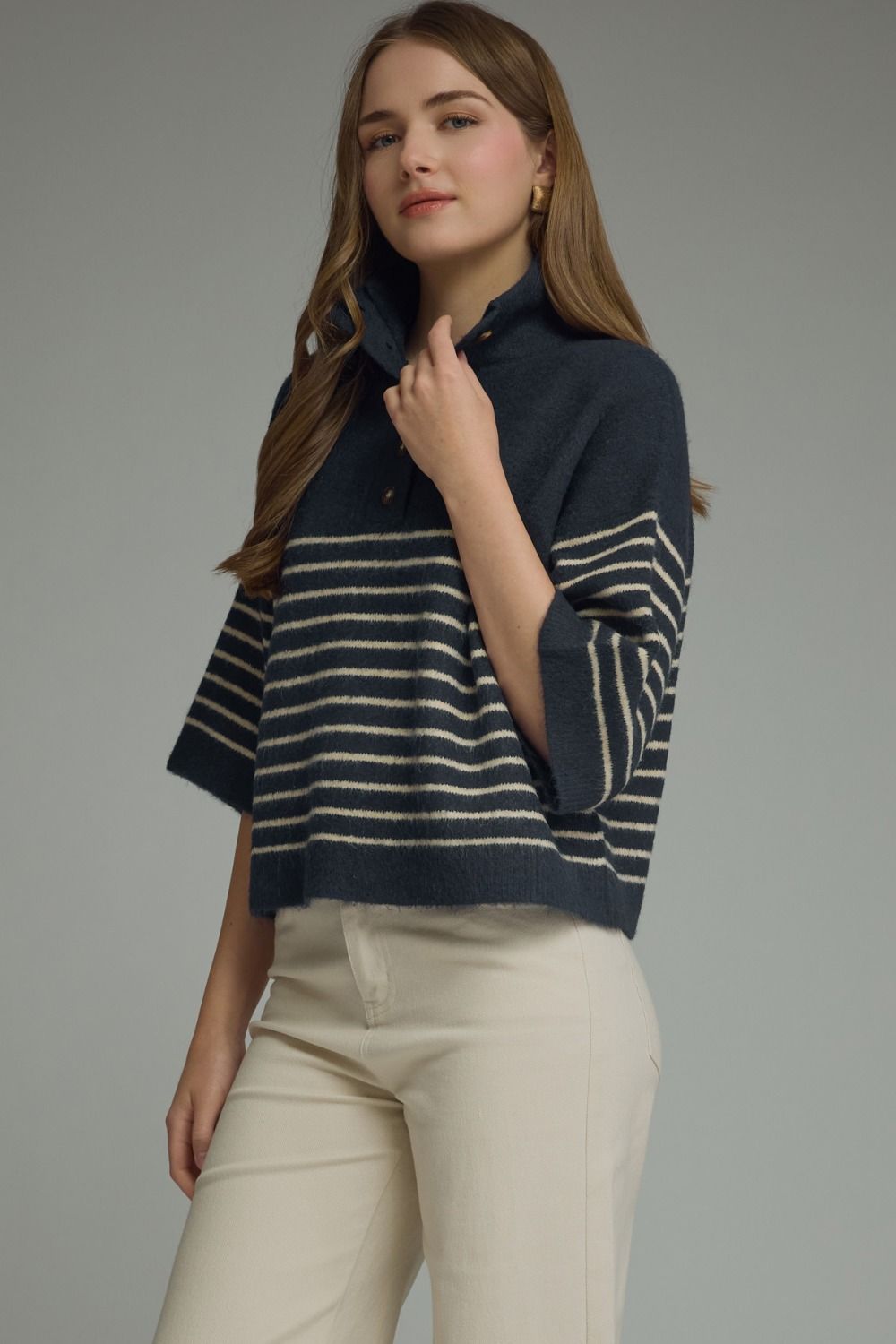 Stripe Button Detail Knit Top