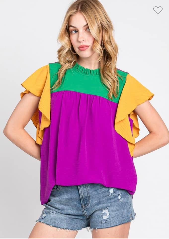 Colorblock Mardi Gras Ruffle Sleeve